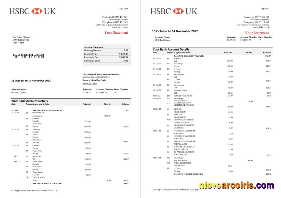 United Kingdom HSBC bank statement, Word and PDF, 5 pages